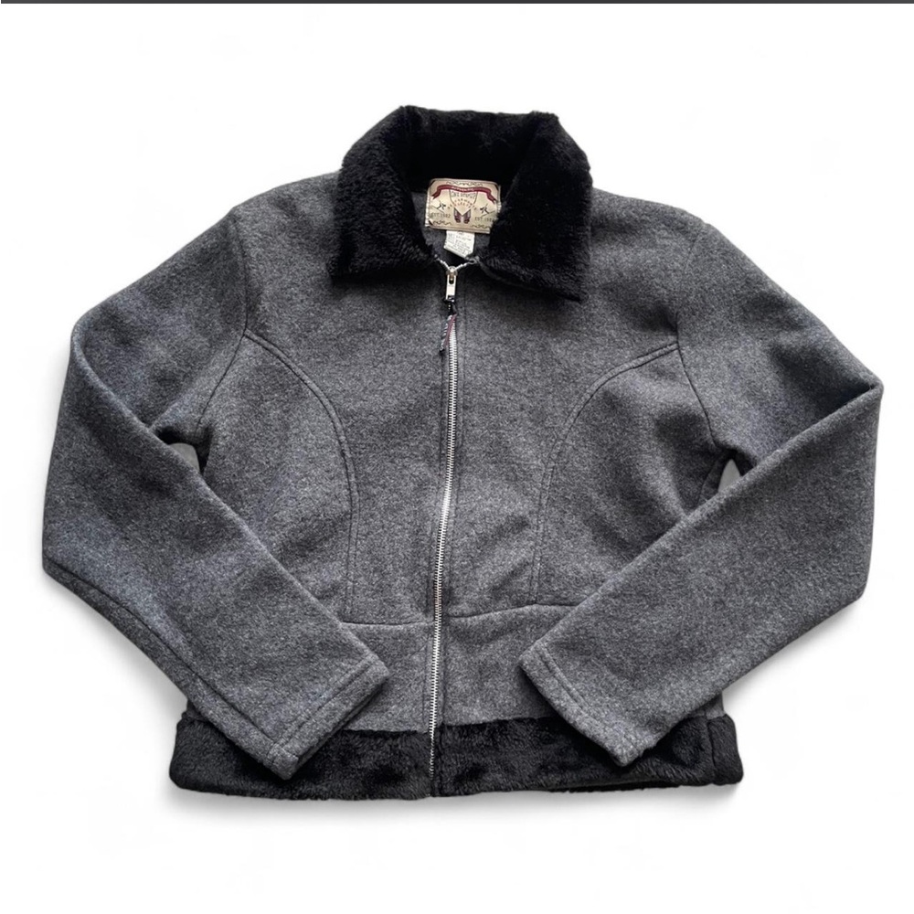Y2K Grey and black vintage fleece lined jacket faux fur trim jacket crop jacket